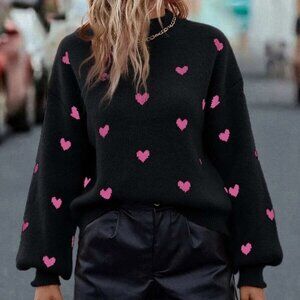 Black Casual Womens Heart Pattern Mock Neck Drop Shoulder Sweater